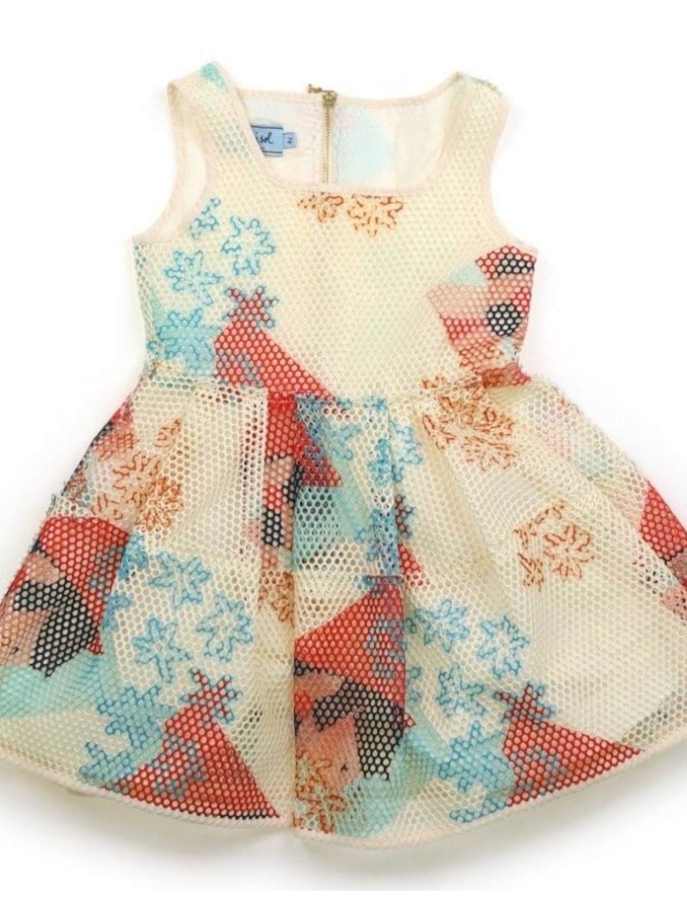 MIMISOL Girls Cream Mesh Overlay Dress with Blue & Coral Floral Print